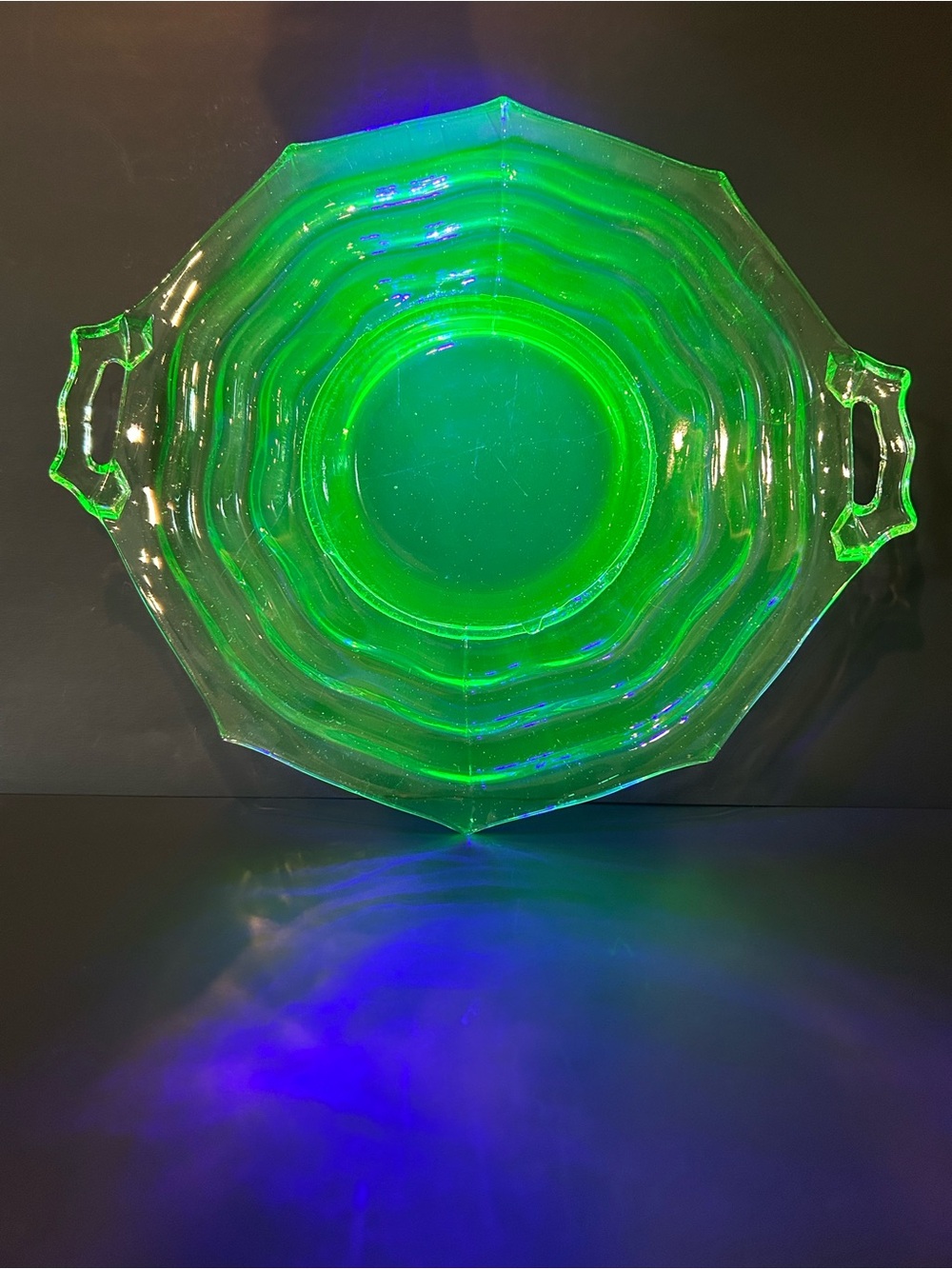 Uranium Ocean Wave Pattern Large Depression Glass Handled Platter